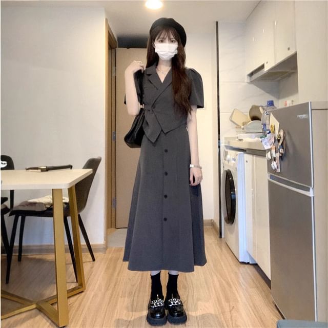 Sienne-Set Short-Sleeve Lapel Collar Plain Double Breasted Crop Blazer High Rise Plain Button Up Midi A-Line Skirt