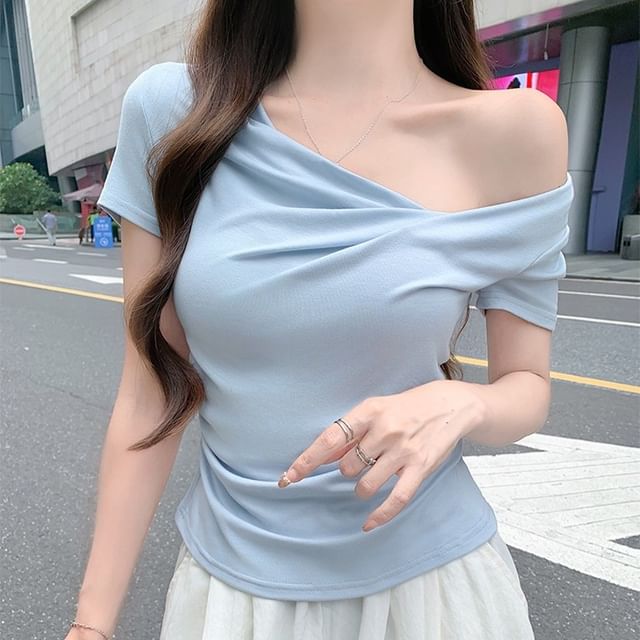 Sienne-Short-Sleeve Cowl Neck Plain Tee