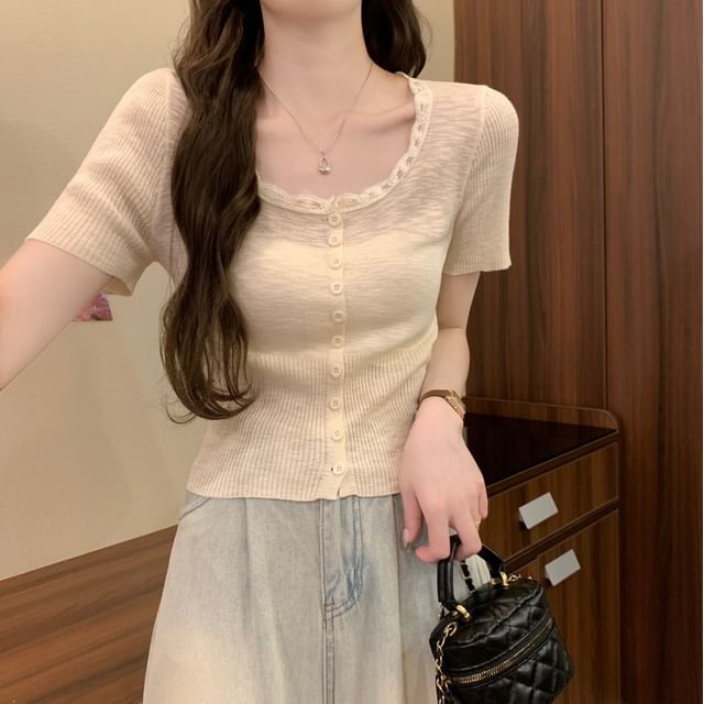Sienne-Short-Sleeve Round Neck Plain Button Up Knit Top