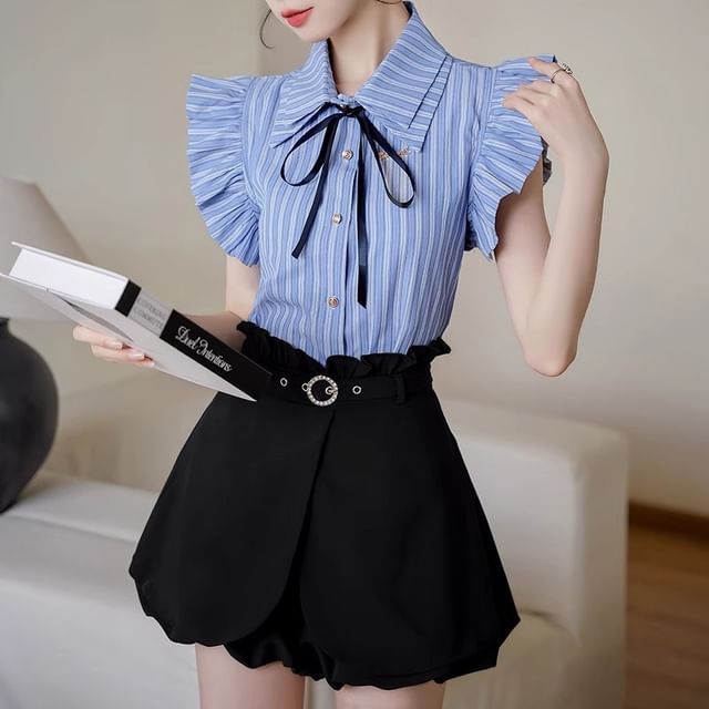 Sienne-Sleeveless Collared Striped Button Up Shirt High Waist Plain Ruffle Trim Shorts Set