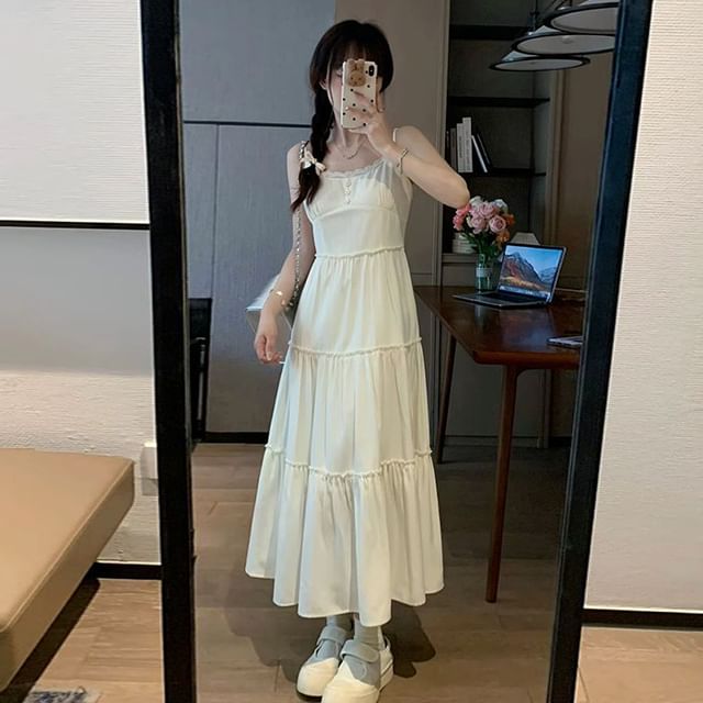 Sienne-Spaghetti Strap Plain Midi A-Line Tiered Dress