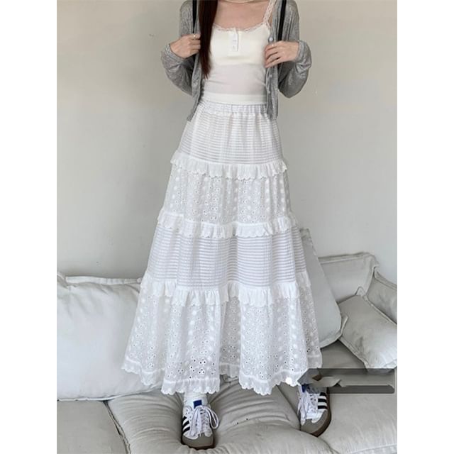 Sienne-Spaghetti Strap Ruffled Midi A-Line Tiered Dress