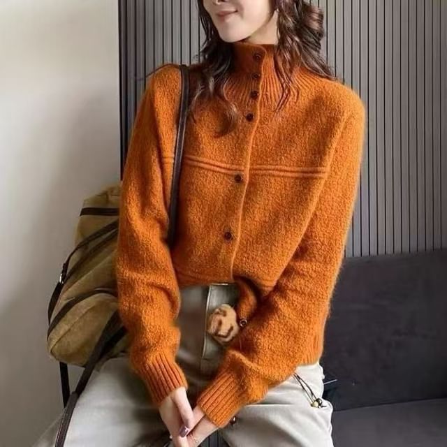 Sienne-Stand Collar Button-Up Plain Cardigan