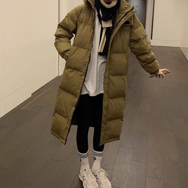 Sienne-Stand Collar Hooded Zip-Up Plain Long Puffer Coat