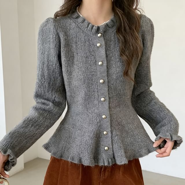 Sienne-Stand Collar Plain Cropped Button Up Cardigan