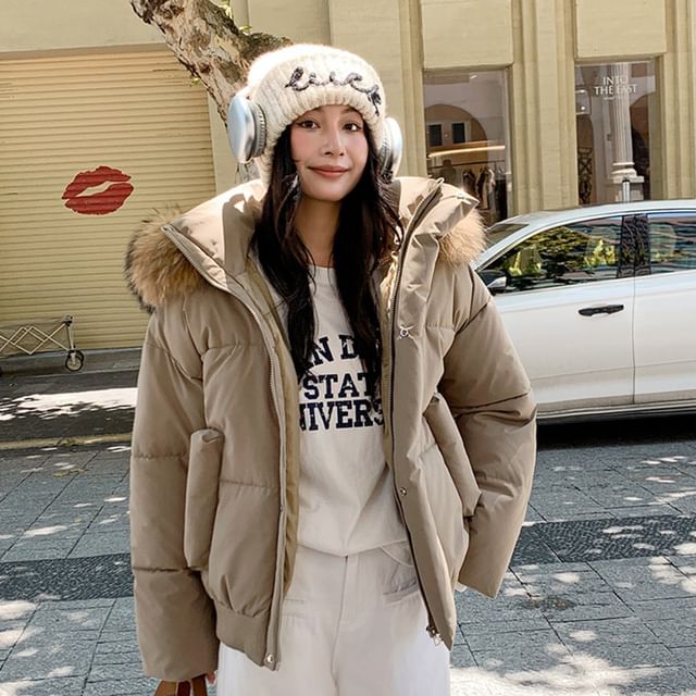 Sienne-Stand Collar Plain Fluffy Trim Hood Zip Puffer Jacket
