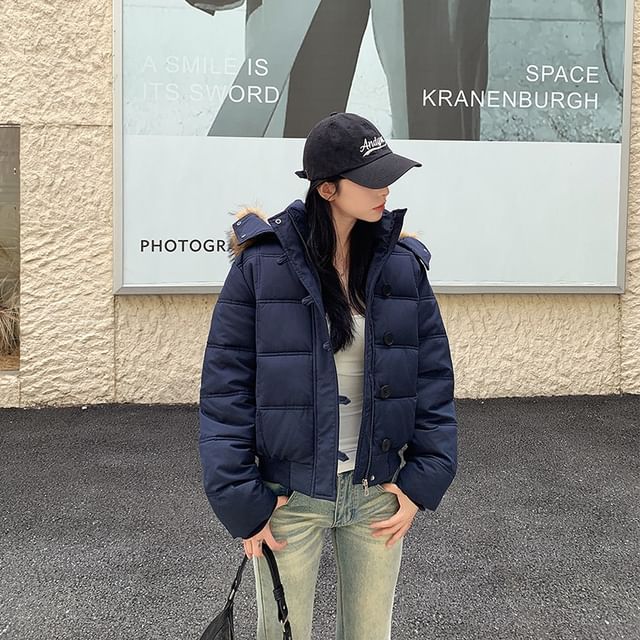 Sienne-Stand Collar Plain Hood Button Puffer Jacket