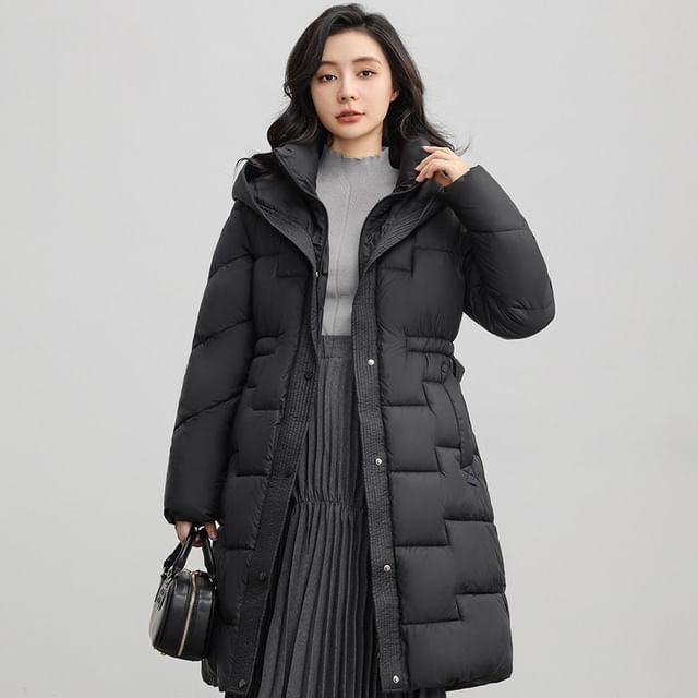 Sienne-Stand Collar Plain Hood Midi Button Puffer Coat