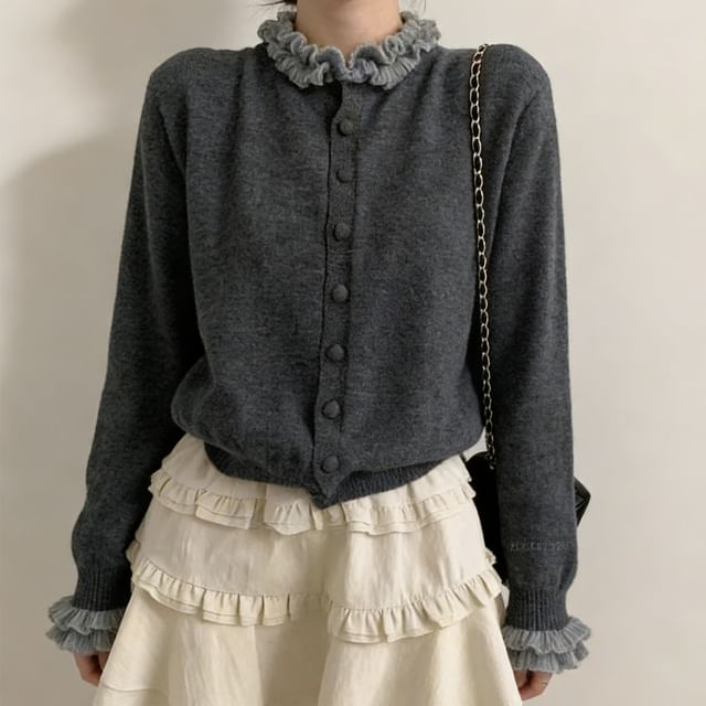 Sienne-Stand Collar Ruffle Trim Button Up Cardigan