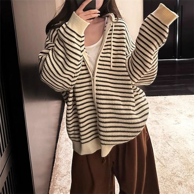 Sienne-Striped Drawstring Hooded Zip Cardigan