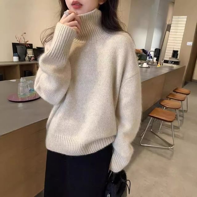 Sienne-Turtleneck Drop Shoulder Plain Fluffy Sweater