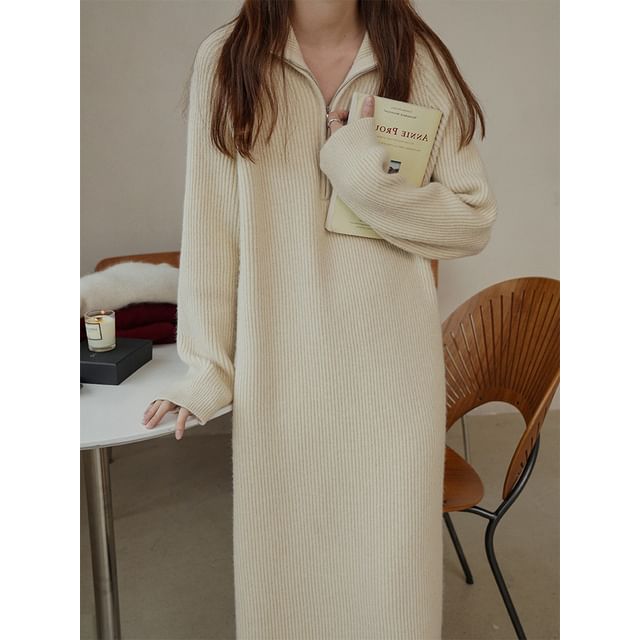 Sienne-Turtleneck Half Zip Plain Midi Sweater Dress