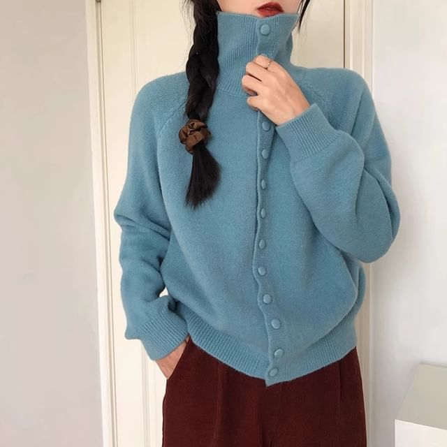 Sienne-Turtleneck Plain Button Up Cardigan