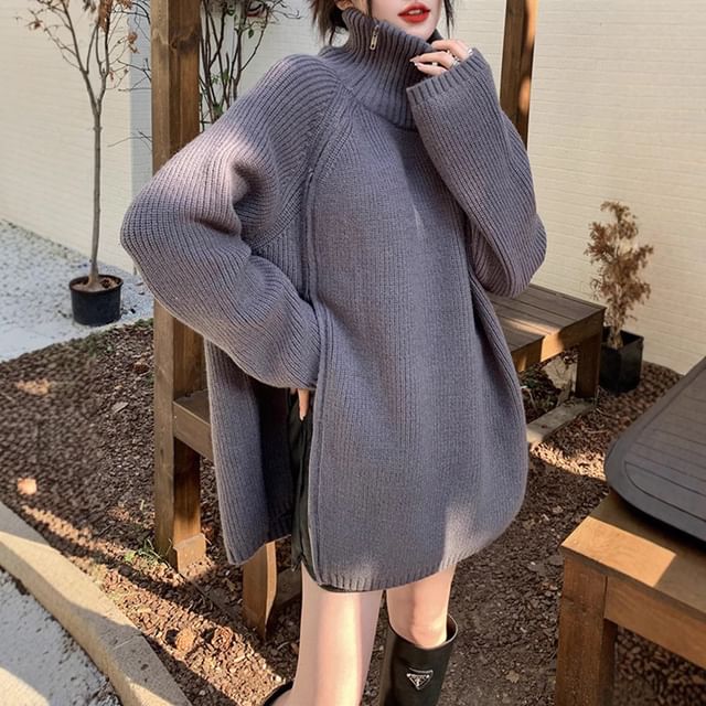 Sienne-Turtleneck Plain Zip Oversized Sweater