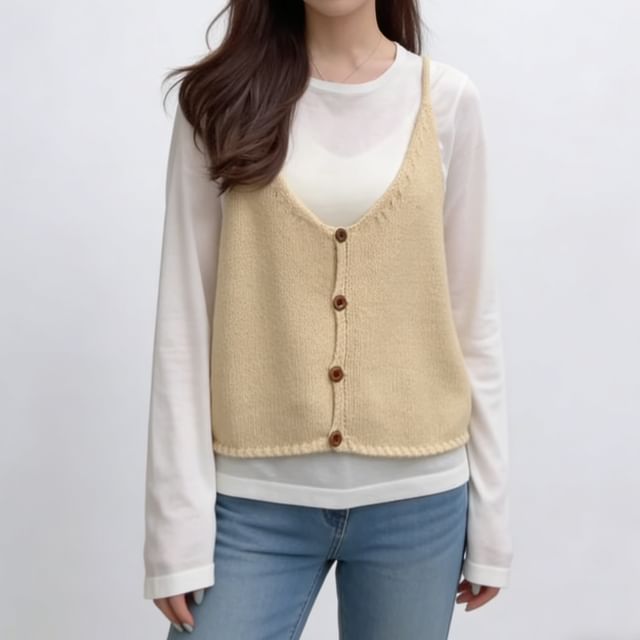 Sienne-V-Neck Button-Up Plain Knit Crop Camisole Top