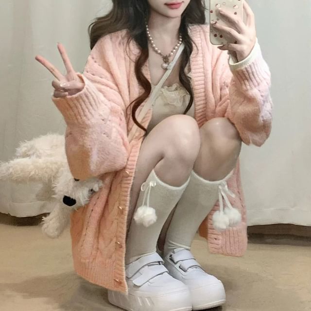 Sienne-V-Neck Plain Cable Knit Cardigan