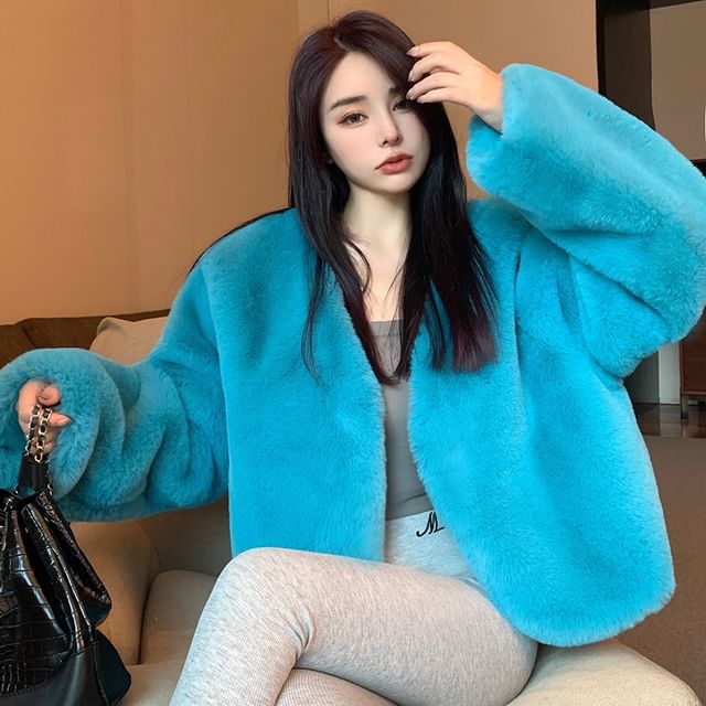 Sienne-V-Neck Plain Fluffy Jacket