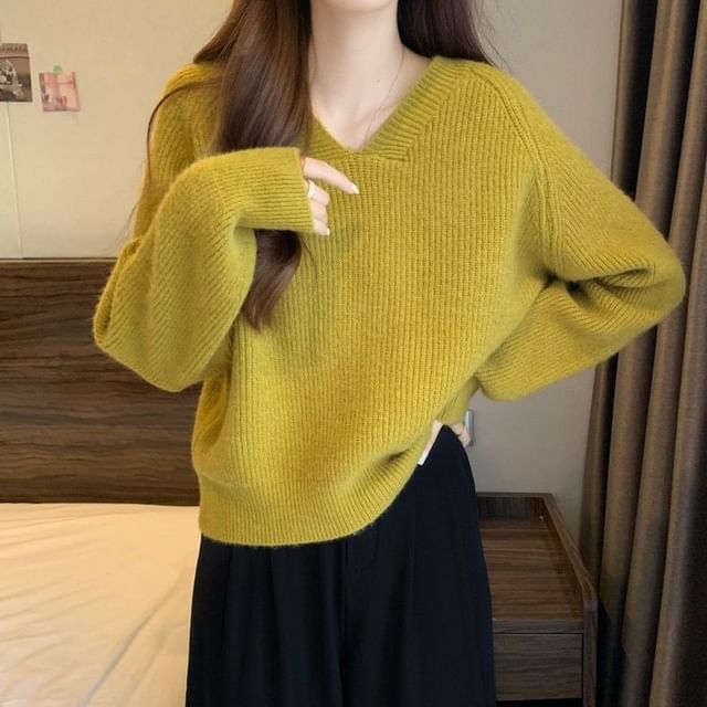 Sienne-V-Neck Plain Ribbed Sweater