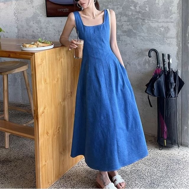 Sienne-Wide Strap Square-Neck Midi A-Line Dress