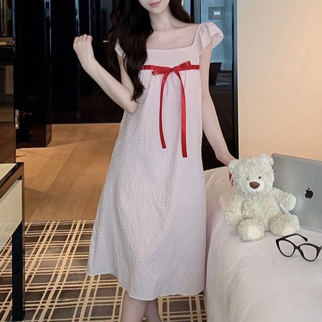Siensien-Cap-Sleeve Plain Bow Padded Pajama Dress