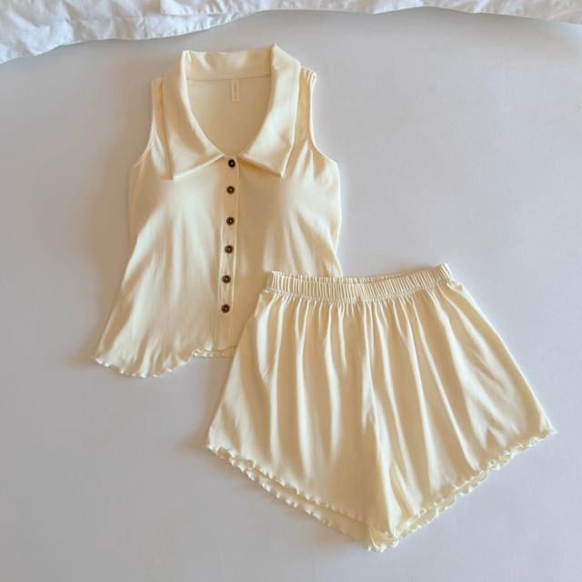 Siensien-Pajama Set Collared Padded Button-Up Plain Tank Top Shorts