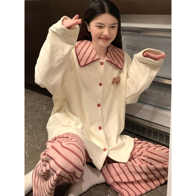 Siensien-Pajama Set Long-Sleeve Collar Striped Panel Fleece Button Top Pants