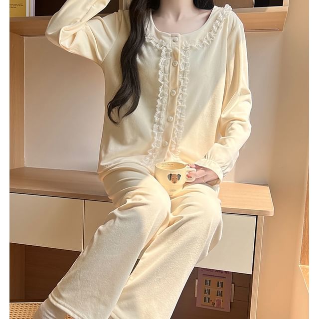 Siensien-Pajama Set Long-Sleeve Lace Ruffle Button-Up Top Pants