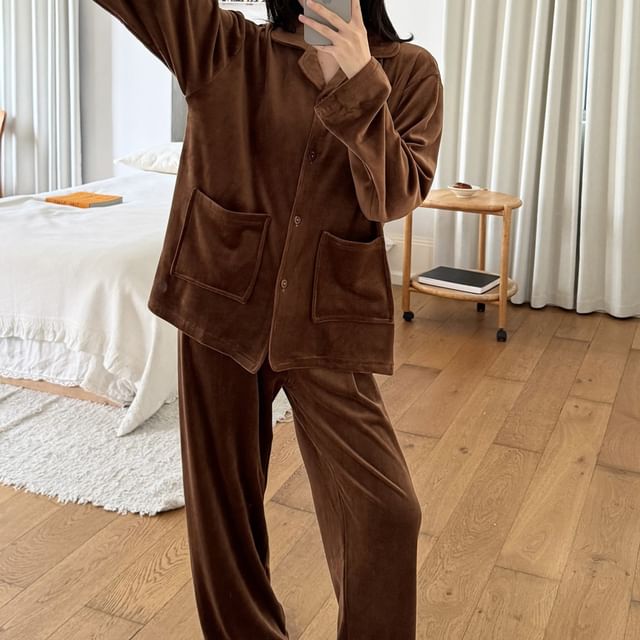 Siensien-Pajama Set Long-Sleeve Plain Button-Up Shirt Pants