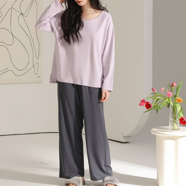 Siensien-Pajama Set Long-Sleeve Plain Top Pants