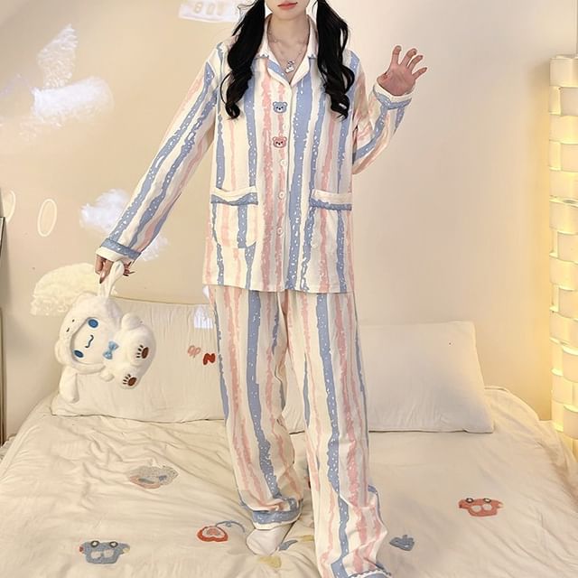 Siensien-Pajama Set Long-Sleeve Striped Top Pants