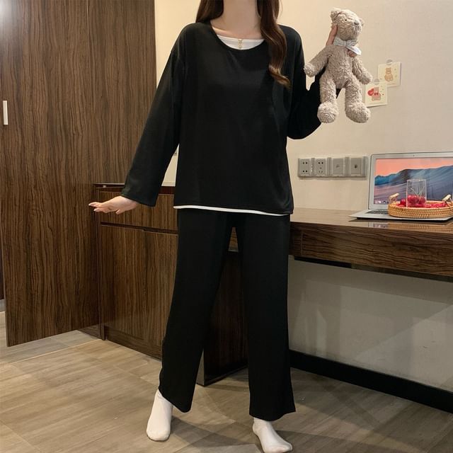Siensien-Pajama Set Long-Sleeve Two Tone Top Pants