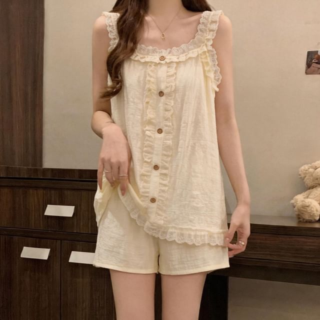 Siensien-Pajama Set Plain Ruffle Button Padded Camisole Top Shorts