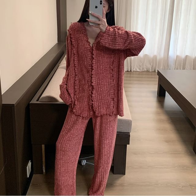 Siensien-Plain Ruffle Trim Pajama Set