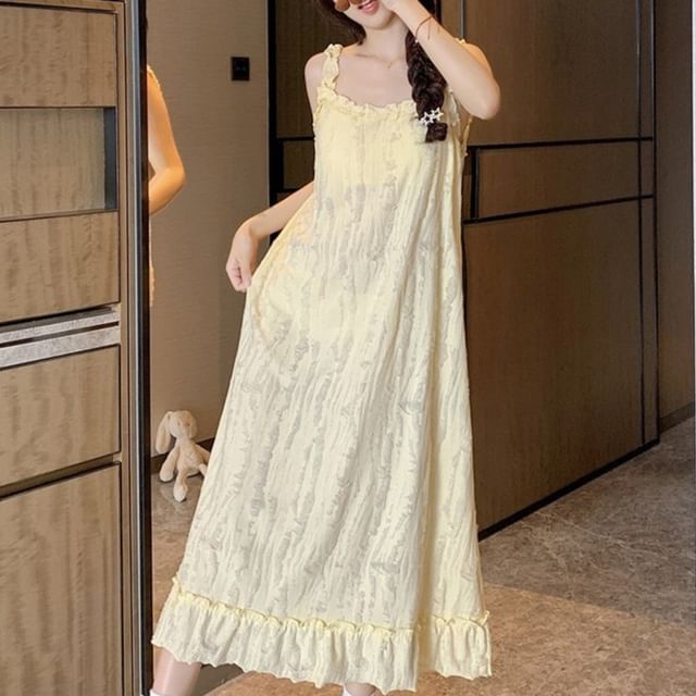 Siensien-Ruffle Strap Plain DIstressed Padded Pajama Dress