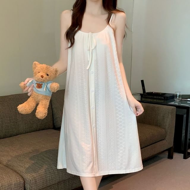 Siensien-Spaghetti Strap Plain Bow Padded Pajama Dress