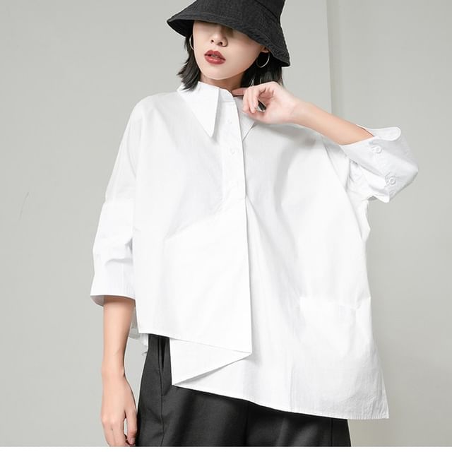 SIMPLE BLACK-34 Sleeve Collared Plain Asymmetrical Shirt