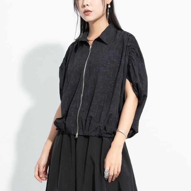 SIMPLE BLACK-Bat Sleeve Collared Tie Dye Drawstring Zip Top