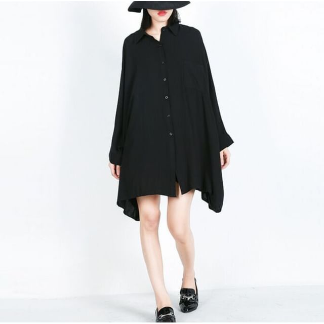 SIMPLE BLACK-Batwing-Sleeve Collared Button-Up Plain Oversized Blouse