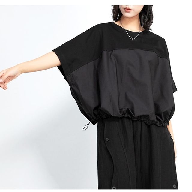SIMPLE BLACK-Batwing-Sleeve Crew Neck Plain Drawstring Hem T-Shirt