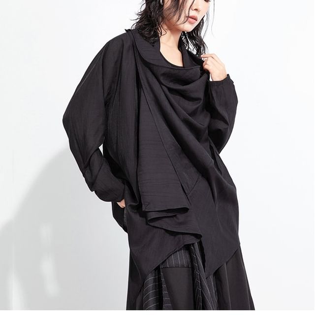 SIMPLE BLACK-Cowl Neck Plain Asymmetrical Wrap Jacket