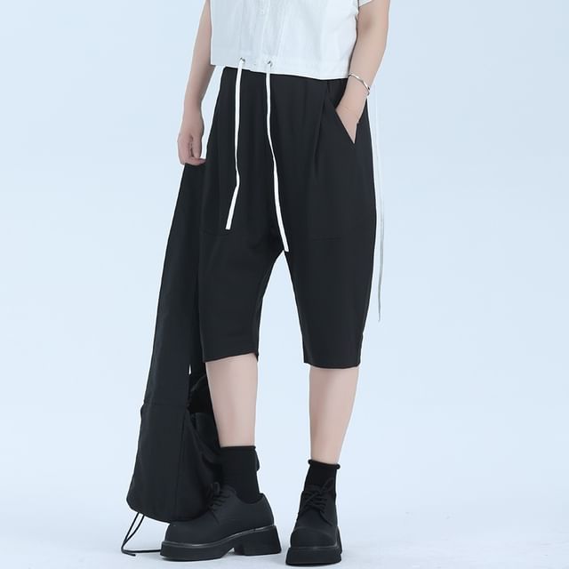 SIMPLE BLACK-Drawstring Waist Plain Crop Harem Pants