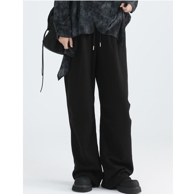SIMPLE BLACK-Drawstring Waist Plain Wide Leg Pants
