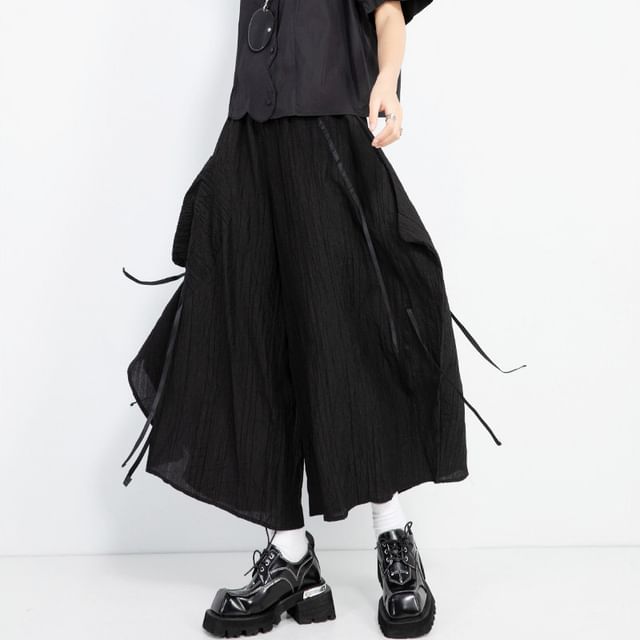 SIMPLE BLACK-Elastic Waist Plain Asymmetrical Cropped Culottes