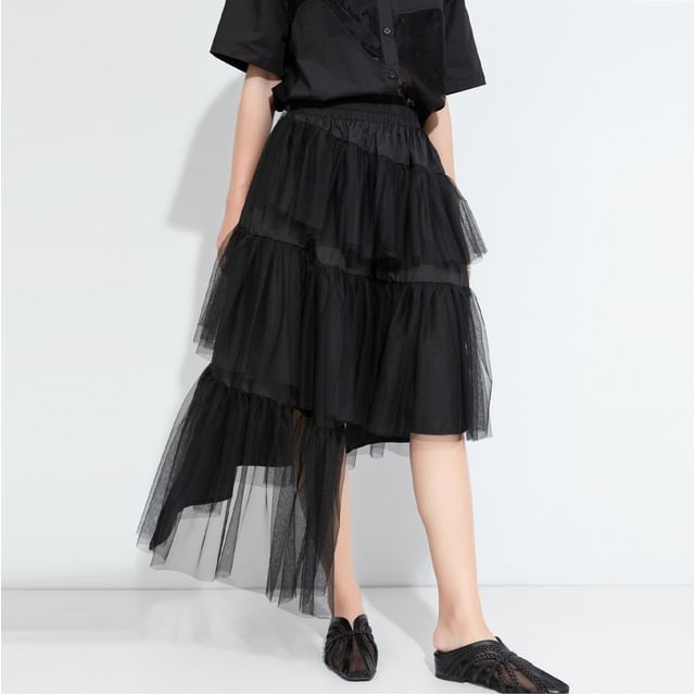 SIMPLE BLACK-Elastic Waist Plain Asymmetrical Tiered Panel Mesh A-Line Skirt