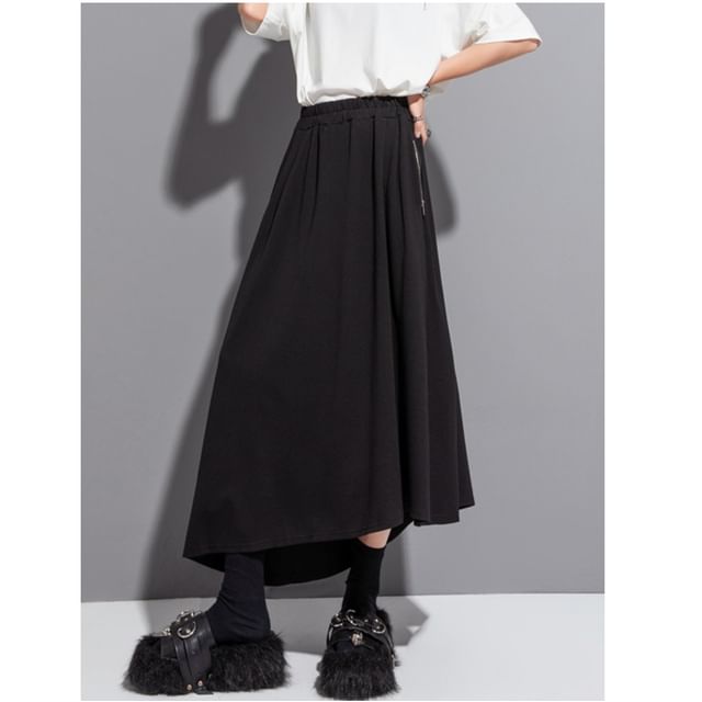 SIMPLE BLACK-Elastic Waist Plain Asymmetrical Zip Pocket Midi A-Line Skirt