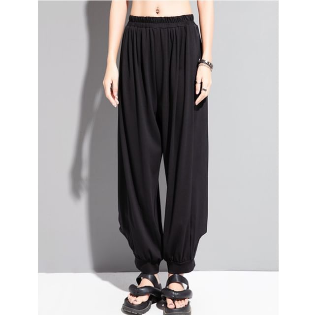 SIMPLE BLACK-Elastic Waist Plain Baggy Pants