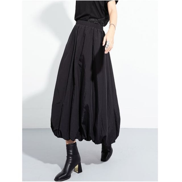 SIMPLE BLACK-Elastic Waist Plain Bubble Hem Midi A-Line Skirt