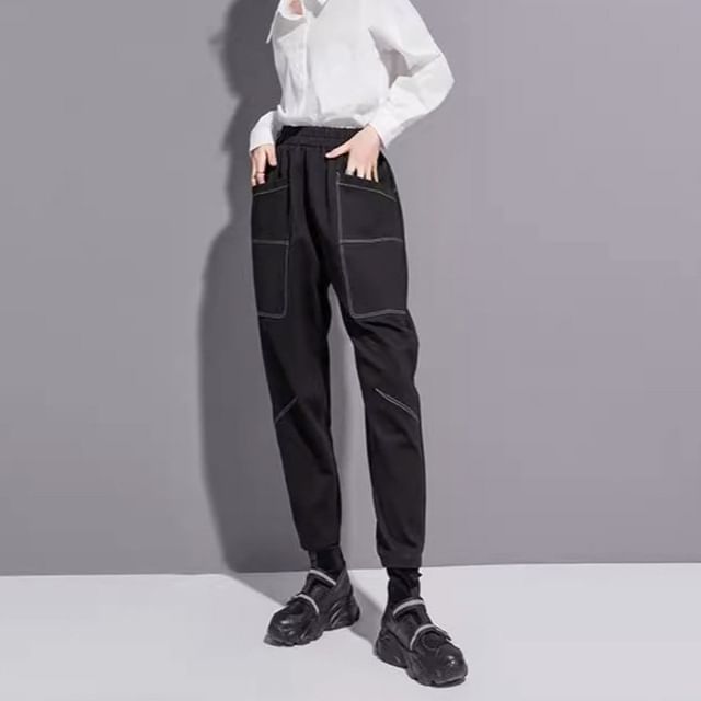 SIMPLE BLACK-Elastic Waist Plain Contrast Stitching Harem Pants