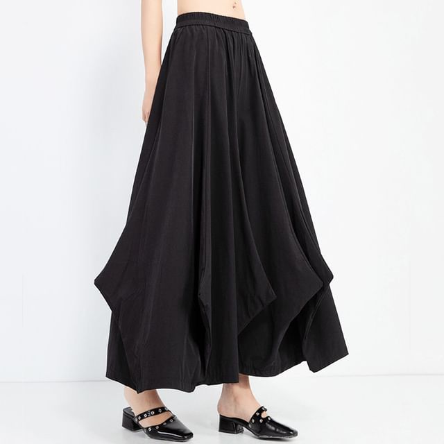 SIMPLE BLACK-Elastic Waist Plain Cropped Culottes