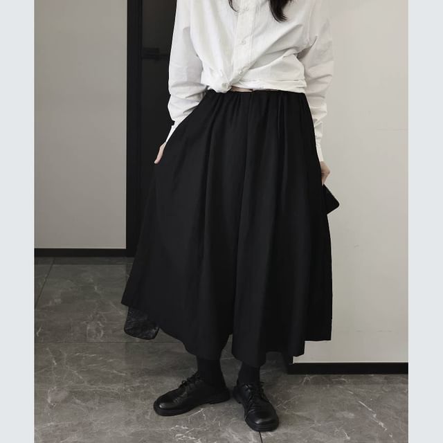 SIMPLE BLACK-Elastic Waist Plain Cropped Culottes